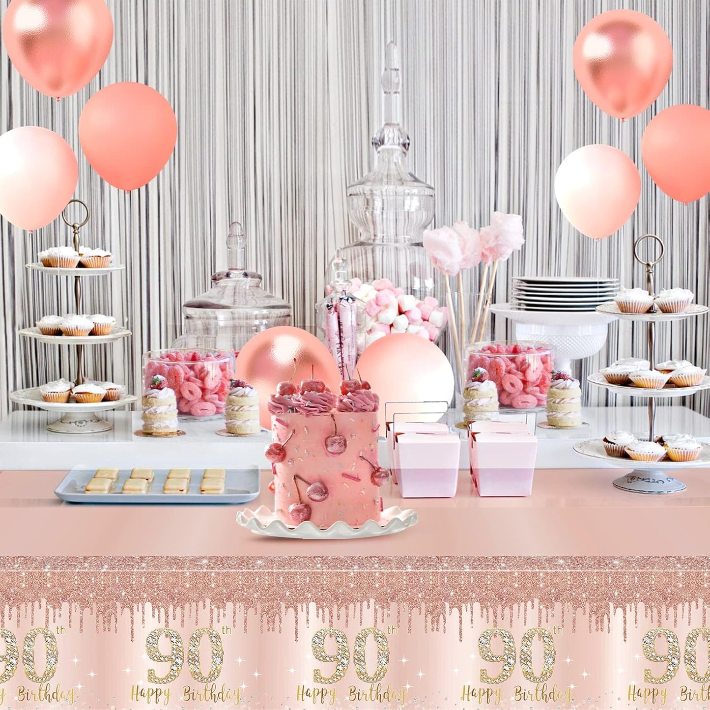 3 Pcs 90th Birthday Tablecloth Decorations, Pink Rose Gold Happy 90 Birthday Theme Table Cover, Plastic Disposable Rectangular Table Cloth Decor