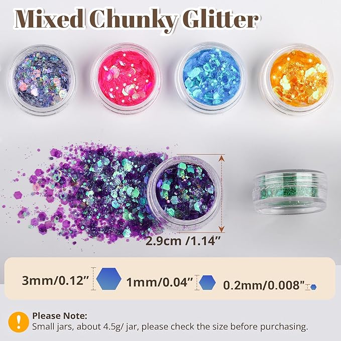 LEOBRO Chunky Glitter, 24 Colors Iridescent Glitter for Crafts, Resin, Sequins for Crafts, Tumblers, Hair Face Body Nail, DIY Party Decorations