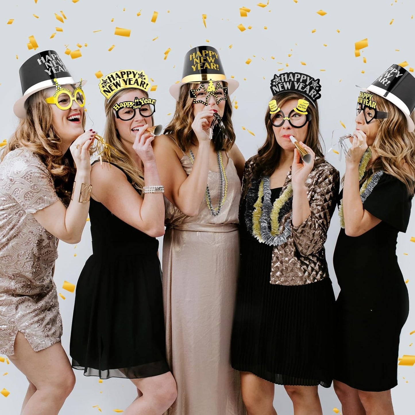 Fovths 132 Pieces 2026 New Years Eve Party Supplies Includes Glasses Top Hats Headband Noisemakers Horns Bead Necklaces Plastic Leis New Year Party Favors for Celebration Decoration Gift