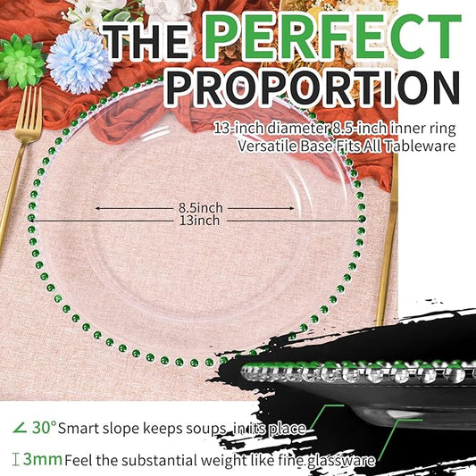 12 Pack Clear Charger Plates Bulk Wedding, 13 Inch Plastic Round Dinner Chargers with Green Beaded Rim, Acrylic Round Decorative Plates for Wedding Party Home and Tabletop Decor (Green)