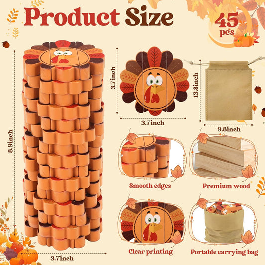 Thanksgiving Wooden Blocks Stacking Games, Turkey Theme Tumbling Tower and Balance Game for Adults, Kids, and Family Party, Stacking Board Toy with Storage Bag, Fall Party Activities Gifts