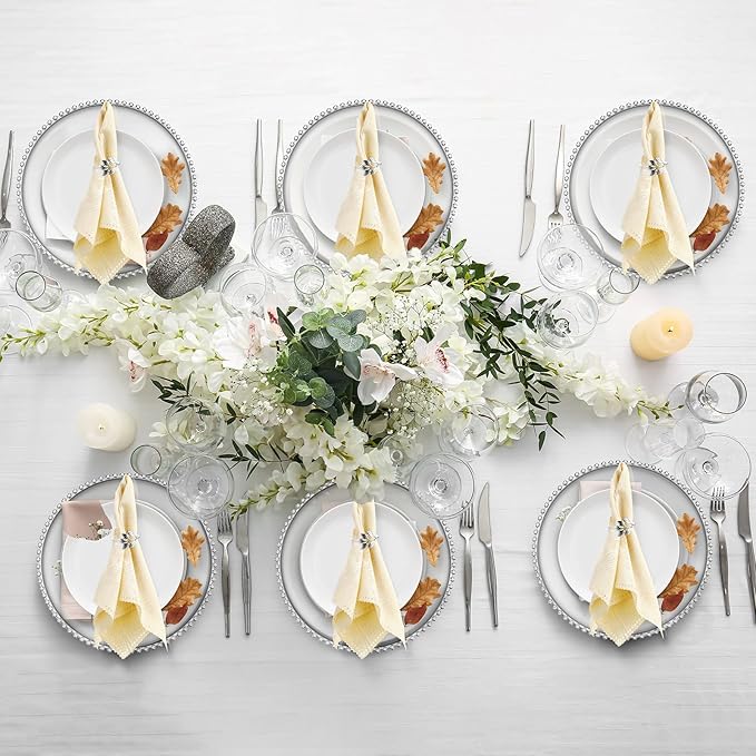 Bokon 12 Set Clear Charger Plates Bulk 13 Inch Beaded Plastic Charger Plates with Napkin Rings Acrylic Round Dinner Table Decorative for Party Wedding Thanksgiving(clear and Silver, 12)