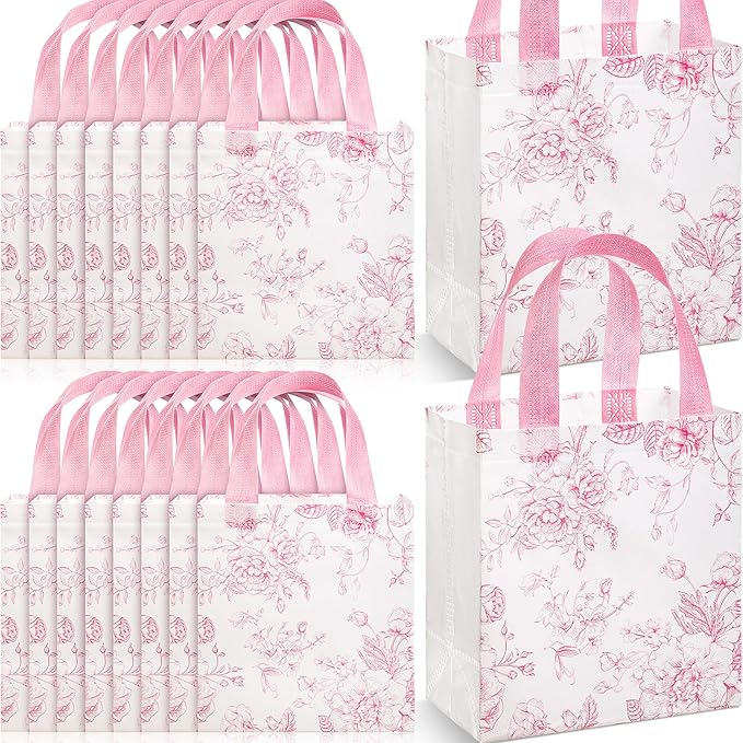 Sweetude 16 Pcs Mother's Day Pink Floral Gift Bags with Handle Flower Non-woven Reusable Tote Bags for Wedding Birthday Baby Shower Party Favor Easter