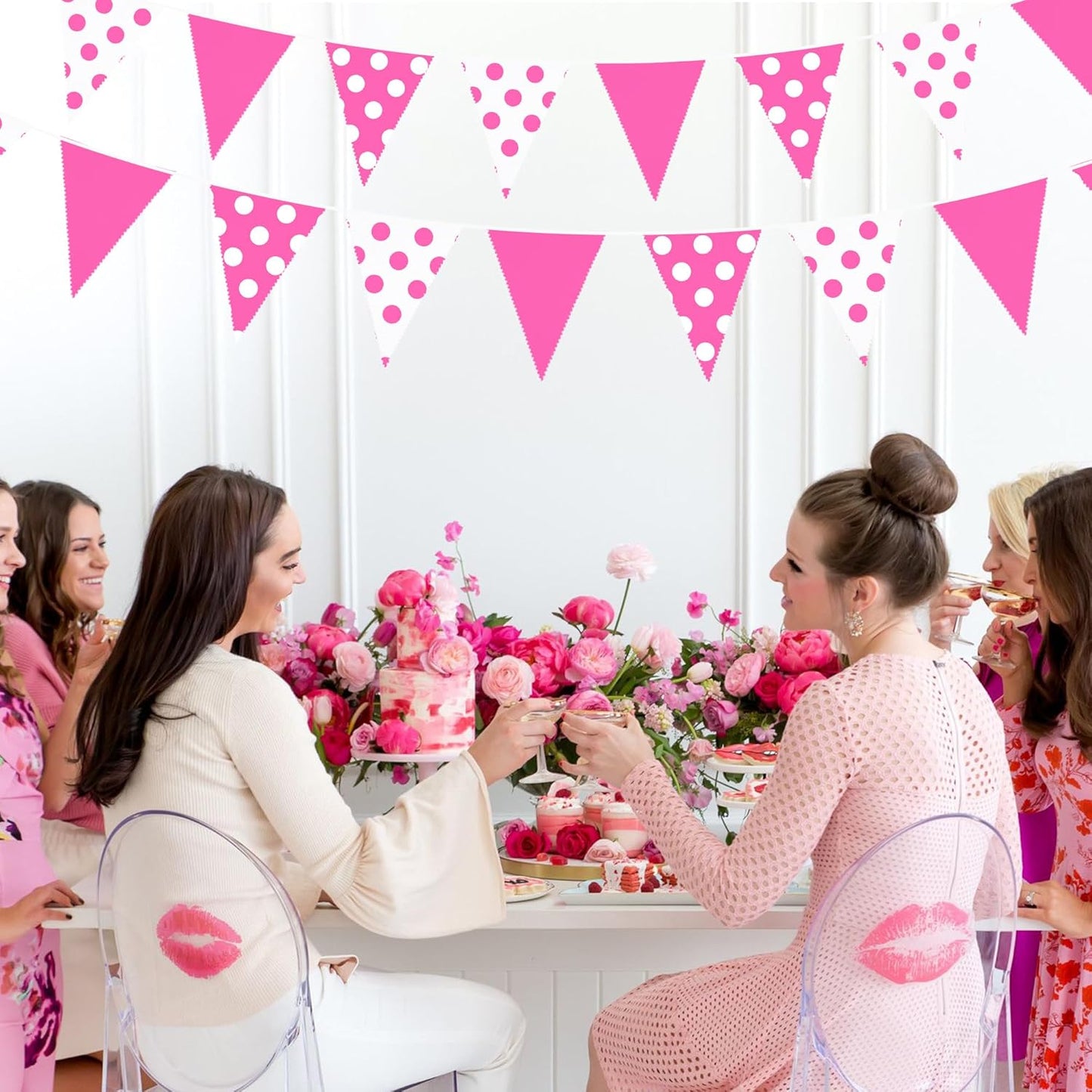 32Ft Hot Pink Party Decorations Pink Fabric Pokal Dot Pennant Triangle Banner Party Flag Bunting Streamer Garland for Birthday Wedding Baby Shower Anniversary Home Outdoor Garden Decor Supplies