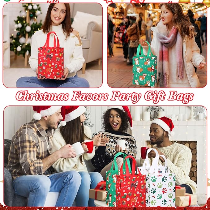 Wesnoy 24 Pcs Christmas Dog Gift Bags Bulk 10 x 8 x 4 Inch Reusable Non Woven Christmas Tote Treat Goodies Candy Bags with Handles Party Favors Supplies for Xmas Gift Holiday Party Decorations