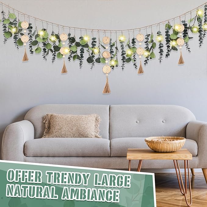 Juexica Artificial Hanging Eucalyptus Wall Decor Boho Bedroom Wall Decor with LED String Light for Home Office Farmhouse Nursery Bathroom Kitchen(Wooden Bead)