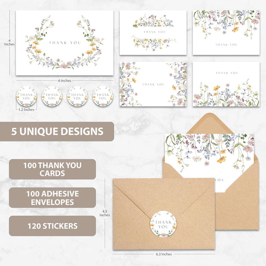 AUDREE Floral Thank You Cards with Envelopes (bulk 100-4x6) - Wildflower Thank You Cards with Envelope and Stickers - Greeting Notes with Envelopes Set for Wedding, Bridal Showers, Baby Showers