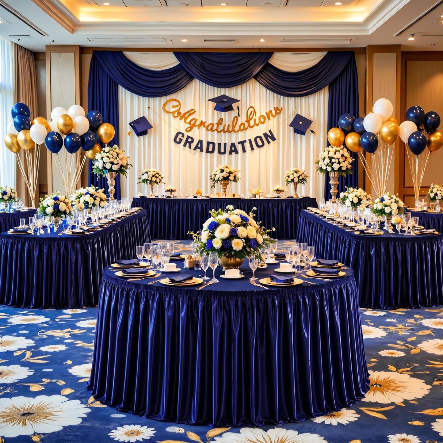 Wish Care 6ft Navy Blue Satin Table Skirt for Rectangle Tables Wrinkle Free Glitter Desk Skirts Pleated Ruffle Table Cloth for Wedding Birthday Baby Shower Party Banquet Cake Teacher Table Decorations