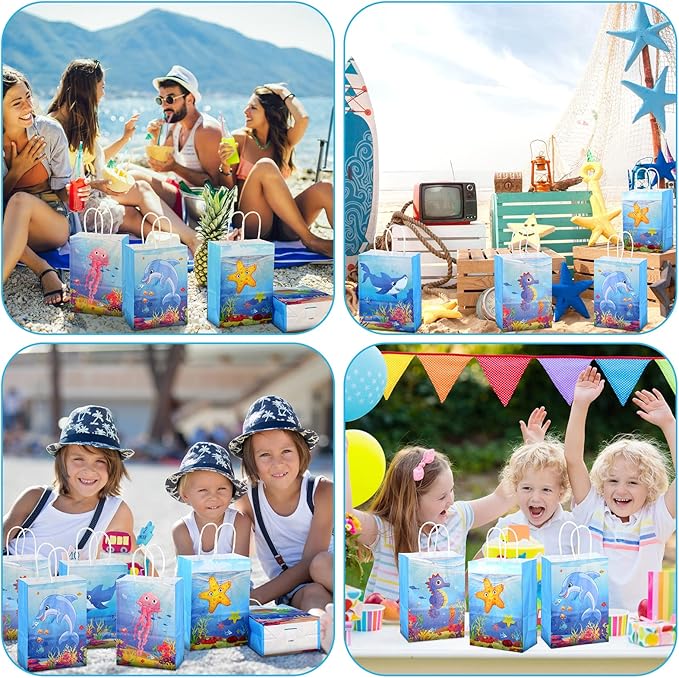 Outus 24 Pcs Under the Sea Party Favor Bags Goodie Ocean Gift Paper Bags with Handles Sea Animal Candy Treat Pouch for Summer Ocean Birthday Party Decorations Baby Shower Supplies