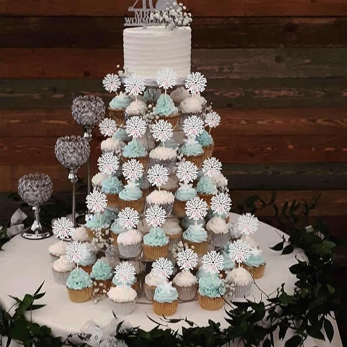24Pcs Snowflake Cupcake Toppers Glitter Snowflake Cupcake Picks Frozen Pink Bow Snowflake Gender Reveal Cake Decors Baby Shower Gender Reveal Winter Theme Christmas Party Cake Decor Supplies