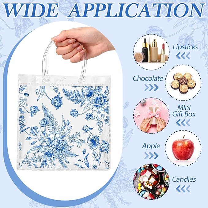 Kacctyen 24 Pcs Gift Bags for Party Favor Clear Goodie Bags with Handle 7.87 x 7.87 x 3.15 Return Gift Wrap Totes for Guests Treat Candy Wrapping (Blue Floral)