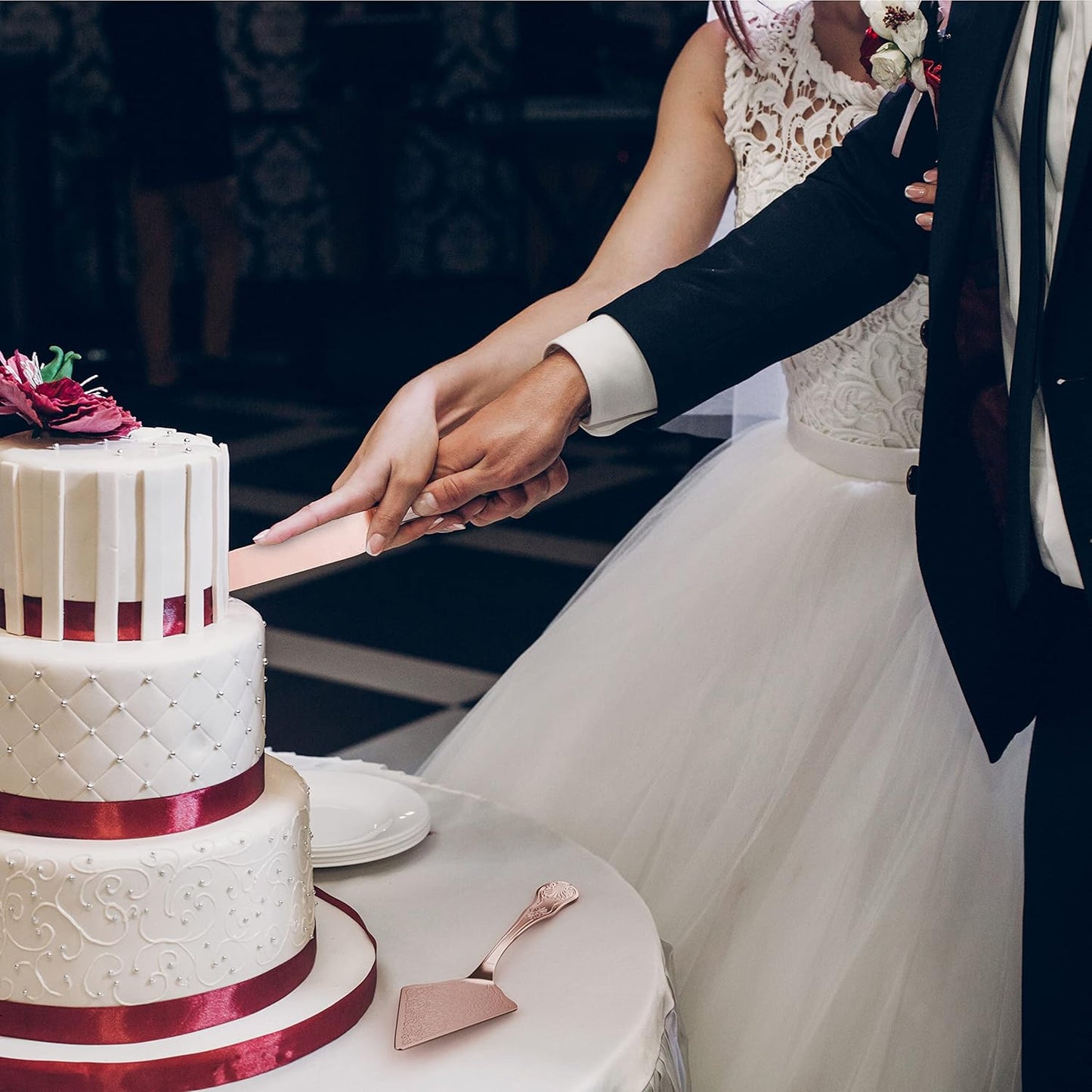 Orblue Wedding Cake Knife and Server Set - Premium, Beautifully Engraved Cutting Set - Elegant Keepsake for Newlyweds Rose Gold