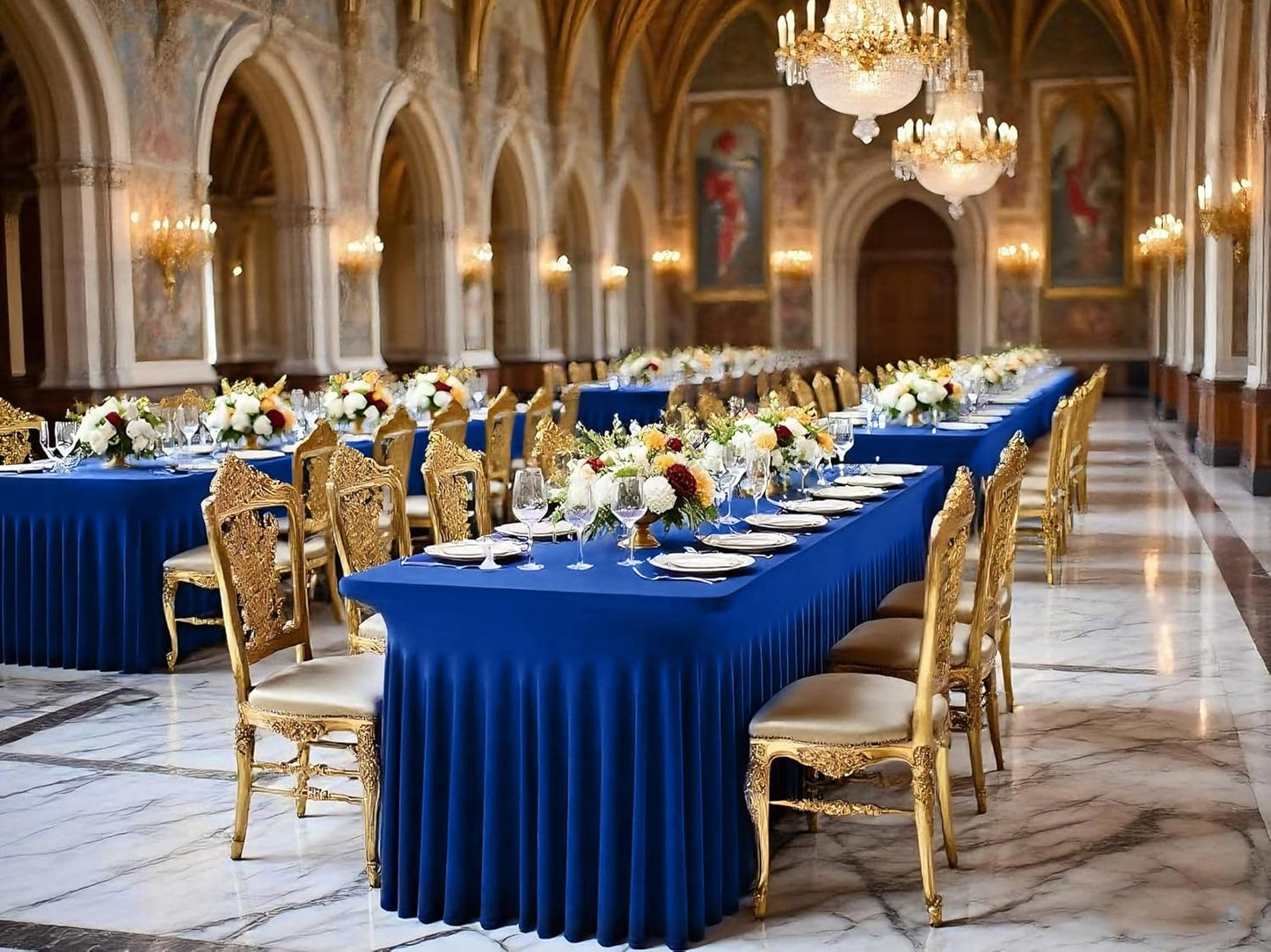 2 Packs Royal Blue Stretch Table Skirts for 8 Foot Rectangle Table, Washable Spandex Stretch Tablecloths with Skirt, Wrinkle Resistant Fitted Tablecover for Wedding Party Banquet