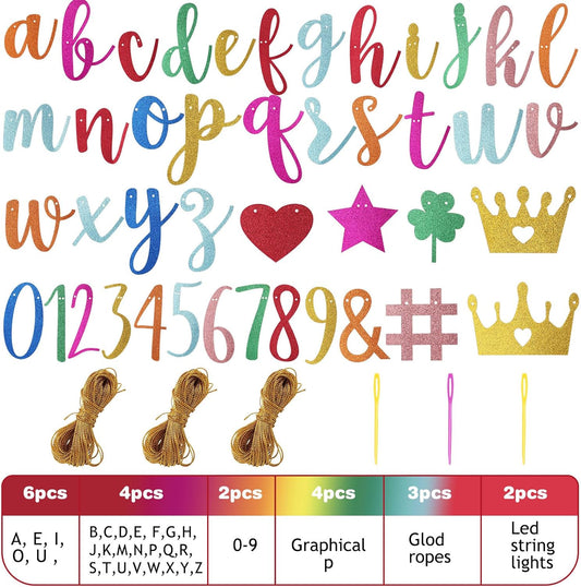 TaoBary 167 Pcs DIY Banner Kit Happy Birthday Glitter Banner Customizable Glitter Make Your Own Kit 162 Letters Symbols and Numbers 3 Rope for Birthday Halloween Wedding Christmas(Multi Color)
