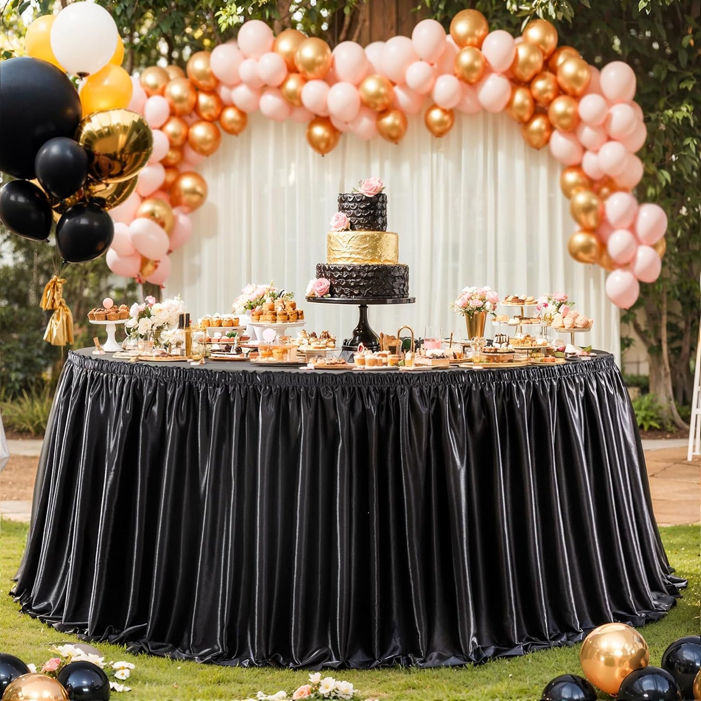 Wish Care 14ft Black Satin Table Skirt for Rectangle Tables Wrinkle Free Glitter Desk Skirts Pleated Ruffle Table Cloth for Wedding Birthday Graduation Party Buffet Display Trade Show Table Decoration
