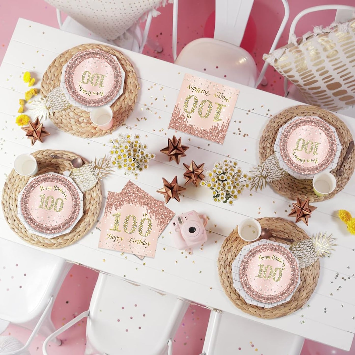 100th Birthday Decorations, Rose Gold Birthday Party Supplies Include 20Pcs Plates 20Pcs Napkins Sweet One Hundred Year Old Birth Party Tableware for Girl Ladies Women