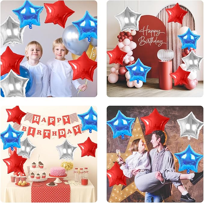 Red Blue Silver Star Foil Balloons, 10PCS Foil Stars Shape Balloon, 18 Inch Red and Black Stars Balloons for Helium Pentagram Balloon for Kids Boys Birthday, Anniversary, 4th of July Party Decoration