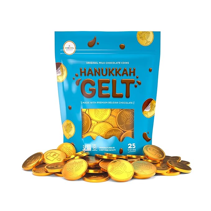 The Dreidel Company 25-Pack Premium Belgian Chocolate Gelt Milk Chocolate Coins, Gold Hanukkah Gelt, With Menorah And Dreidel Design (25 Coins)