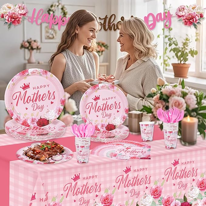 191Pcs Mother's Day Party Decorations Happy Mothers Day Party Supplies Tableware Set Include Paper Plates Napkins Cup Tablecloth Banner Best Mom Balloons Dinnerware for Mother’s Day Serves 24 Guests