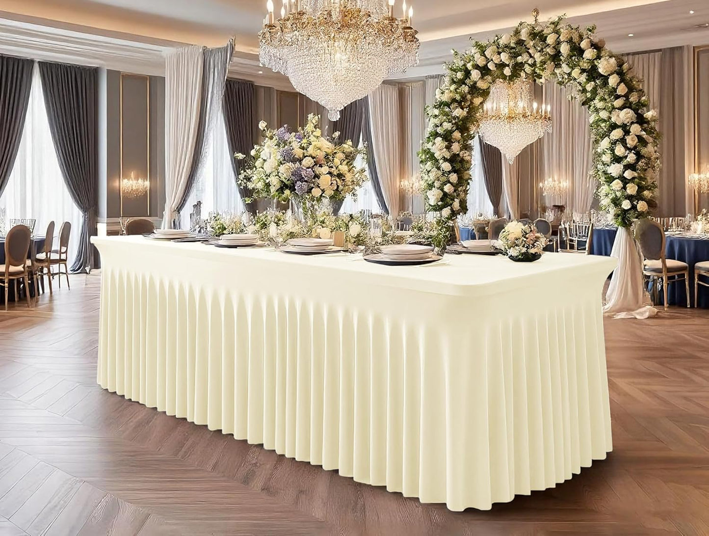 2 Packs Ivory Stretch Table Skirts for 6 Foot Rectangle Table, Washable Spandex Stretch Tablecloths with Skirt, Wrinkle Resistant Fitted Tablecover for Wedding Party Banquet