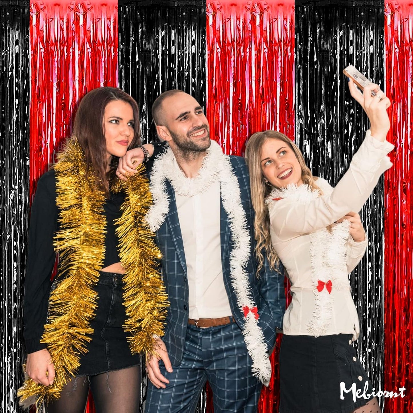 4 Pack 3.2Ft x 9.8Ft Black Red Fringe Curtain Backdrop, Metallic Tinsel Foil Fringe Streamers Curtains Background for Photo Booth Wedding Casino Viva Las Vegas Game Night Birthday Party Decorations