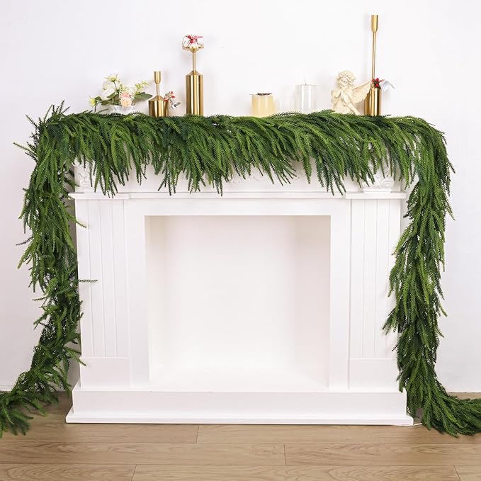 1 Pcs Artificial Norfolk Pine Garlands Christmas, 15 FT Dense Real Touch Winter Pine Garland Ornament, Green Artificial Greenery Garland for Table, Mantle, Wall, Indoor, Outdoor Christmas Decorations