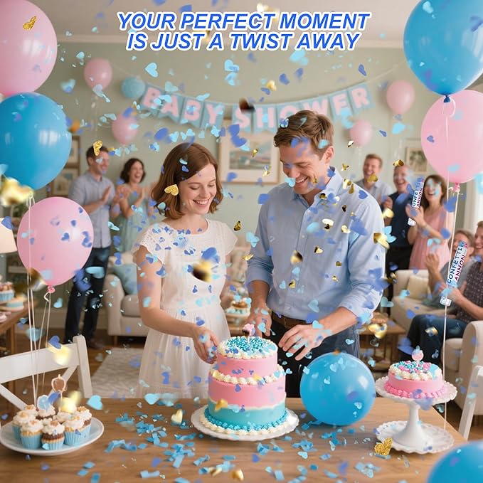 4 Pack Gender Reveal Confetti Cannon, 12 in Blue Heart Shaped Paper Party Poppers Cannons, Confetti Poppers For Baby Boy Gender Reveal Baby Showers (Heart, Blue)