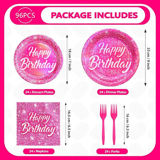 96Pcs Hot Pink Birthday Party Supplies Disco Rainbow Pastel Holographic Plates and Napkins Tableware Sets Hot Pink Iridescent Decoration Favors for Girls Princess Mermaid Disco Themed Party Serves 24