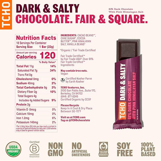 TCHO Dark & Salty Chocolate Bars - Organic 81% Dark Chocolate with Pink Himalayan Salt - Individually Wrapped 100% Plant-Based Pure Cacao Bars for Guilt-Free Indulgence (18-Pack)