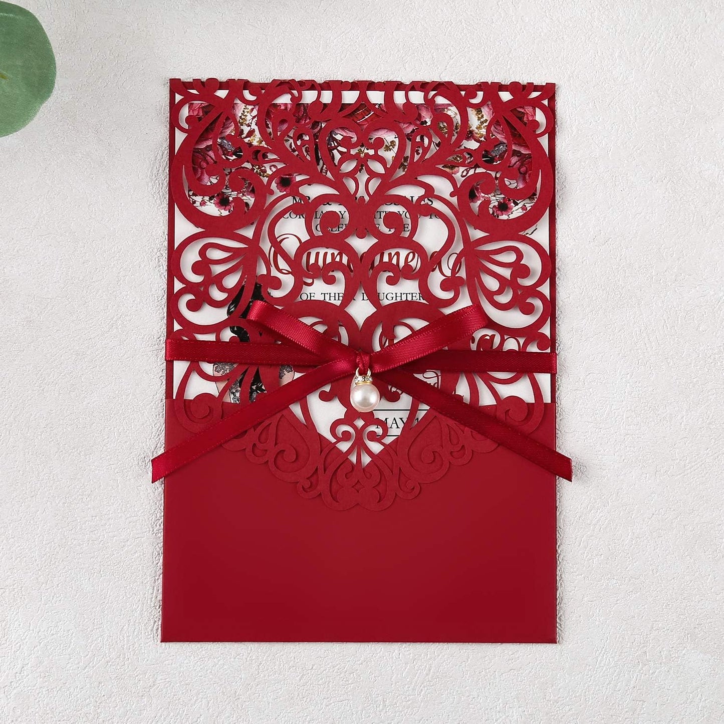 5X7.2 Inch 50PCS Personalized Laser Cut Red Quinceanera Invitations With RSVP Cards and Envelopes And Ribbon Belly Band with Pearl Embellishments for Wedding