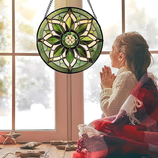 Stained Glass Window Hanging - White Green Boho Flower Suncatcher for Doors Window Home Sun Catchers Decor Christmas Mother's Day Birthday Gifts for Teacher Women Men Mom Nana 7.8 in