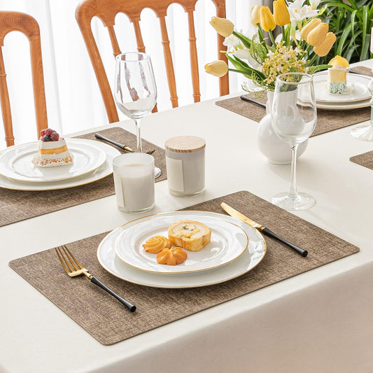 Romanstile Vinyl Placemats Set of 8-12 X 18 Inch - Heat Resistant Place Mats 100% Waterproof Oilproof Wipeable Reversible Faux Leather Table Mats for Kitchen/Dining/Party/Outdoor, Coffee