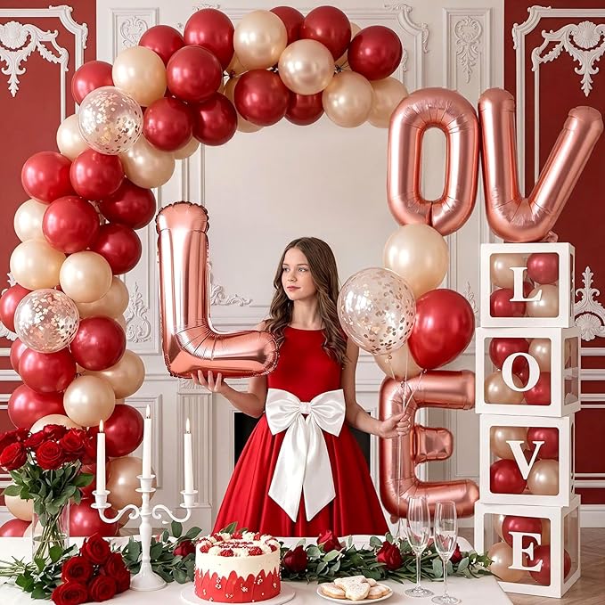 Valentines Day Party Decorations, Balloon Boxes with Letters/ 32" LOVE Balloons/Rose Gold and Red Balloons for Galentines Mothers Day Wedding Proposal Engagement Anniversary Party Decorations
