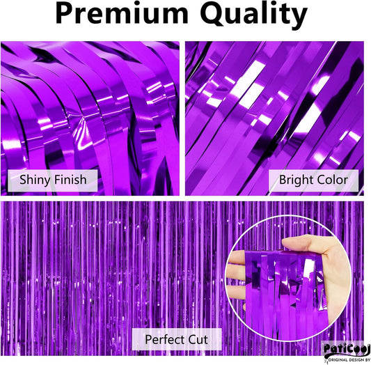 Purple Streamers Thicken 2 Pack 3.3 x 6.6 FT, Purple Tinsel Foil Fringe Curtains, Photo Booth Props Backdrops for Birthday, Halloween, Graduation Party Decorations