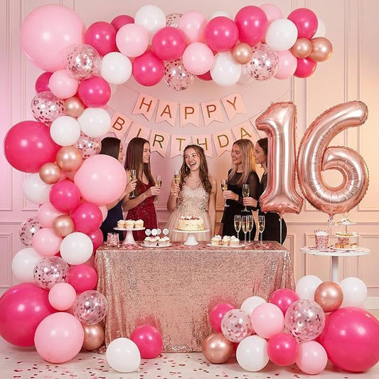 LovesTown Rose Pink Balloon Garland Kit, 150PCS Arch Kit Confetti Pink Metallic Latex Balloons for Wedding Engagement Birthday Party Decorations