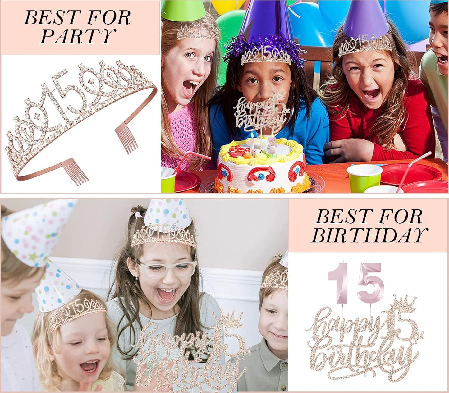 15th Birthday Decorations for Girls, 15th Birthday Sash and Crown, Cake Topper, Number Candles and Balloons, 15 Year Old Gifts for Girls