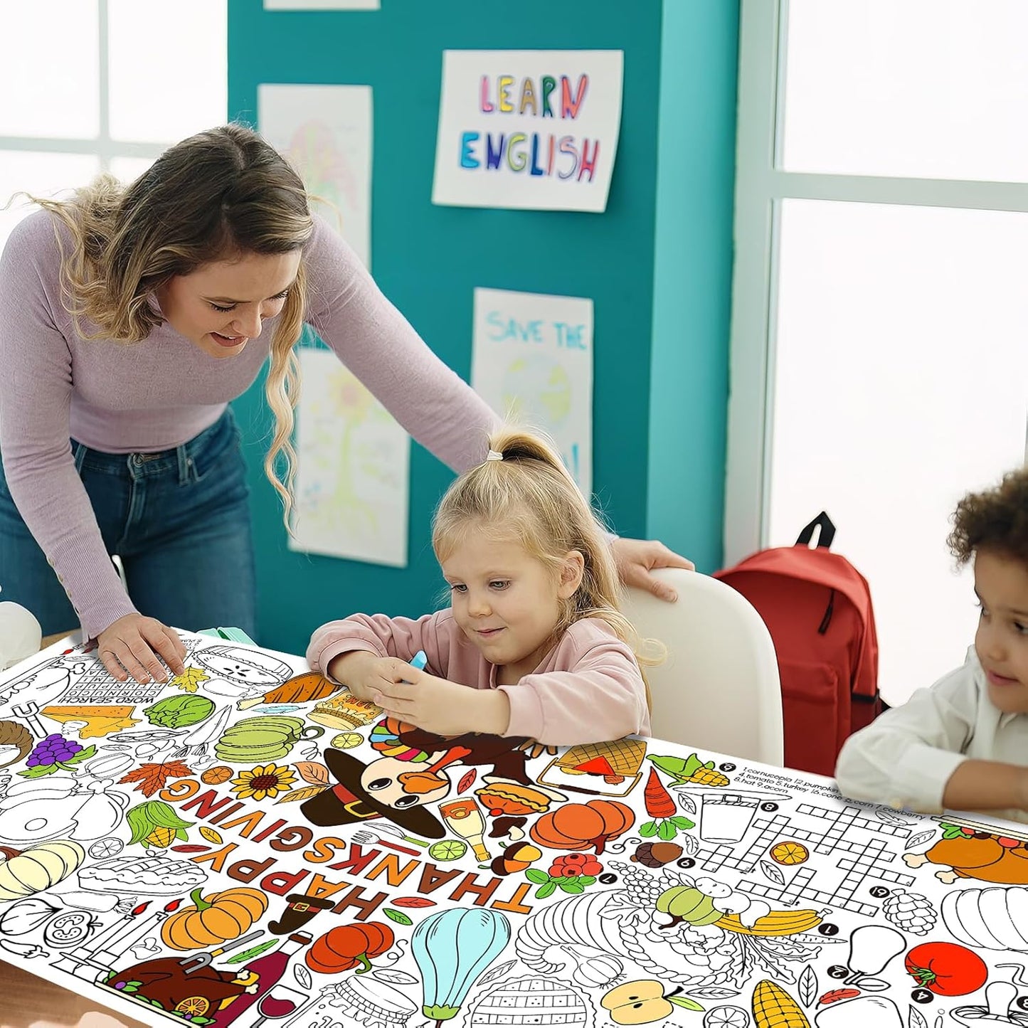 Thanksgiving Activity Poster - 31.5 x 72 Inches,Turkey-Themed Party, Versatile Paper Coloring Banner/Table Cover for School Party Thanksgiving Decoration