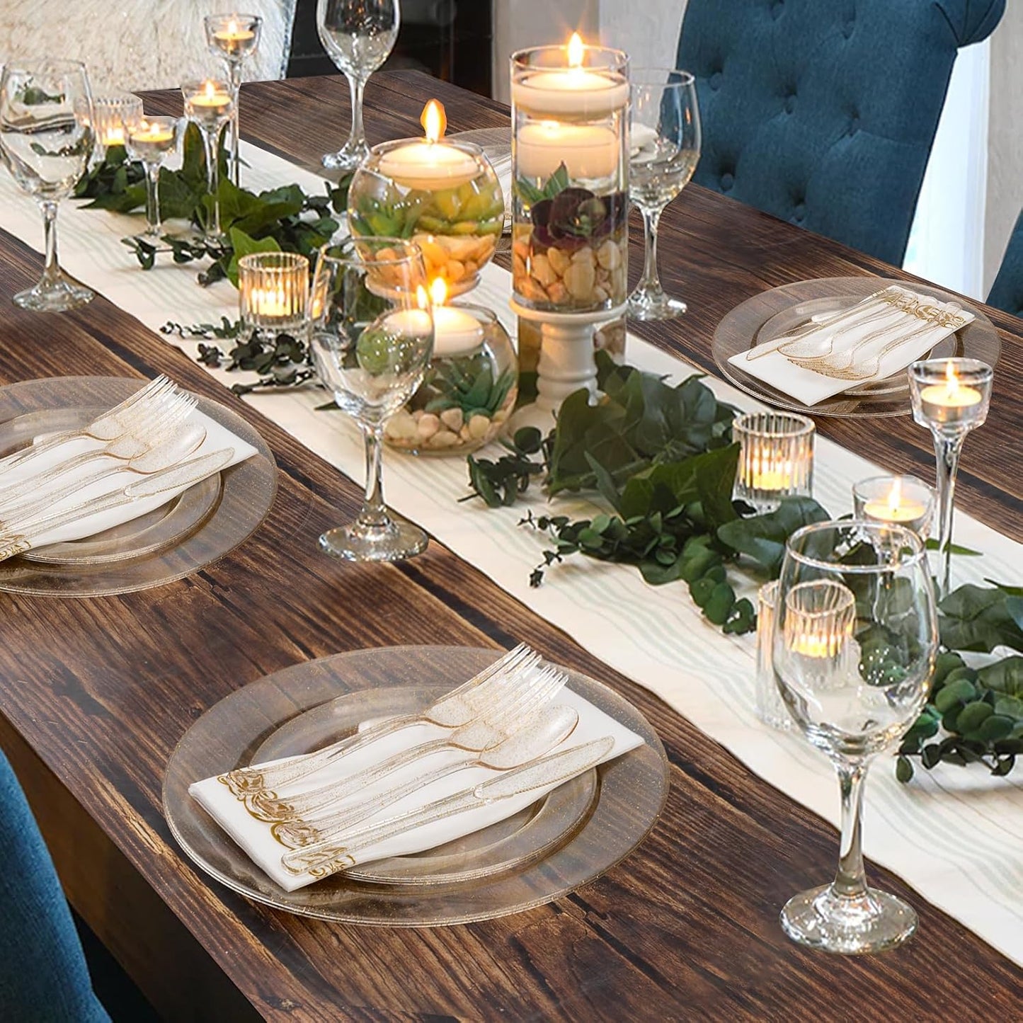 Goodluck 175 Piece Dinnerware Set for 25 Guests, Plastic Plates Disposable for Party, Include: 50 Gold Glitter Plastic Plates, 25 Paper Napkins, 25 Cups, 25 Gold Glitter Silverware Set