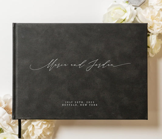 MUUJEE Personalized Guestbook in Charcoal - Premium Custom Modern Guest Book for Wedding Reception, Birthday Party or Events w/Bookmark Blank Pages for Signing 11.5 x 8.5 inches