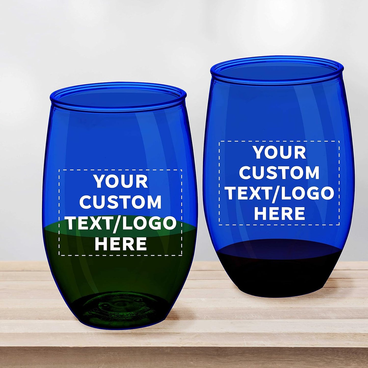 Custom Plastic Stemless Wine Glasses 16 oz. Set of 50, Personalized Bulk Pack - BPA Free, Great for Outdoor Lounges, Poolside, Parties and Other Events - Blue