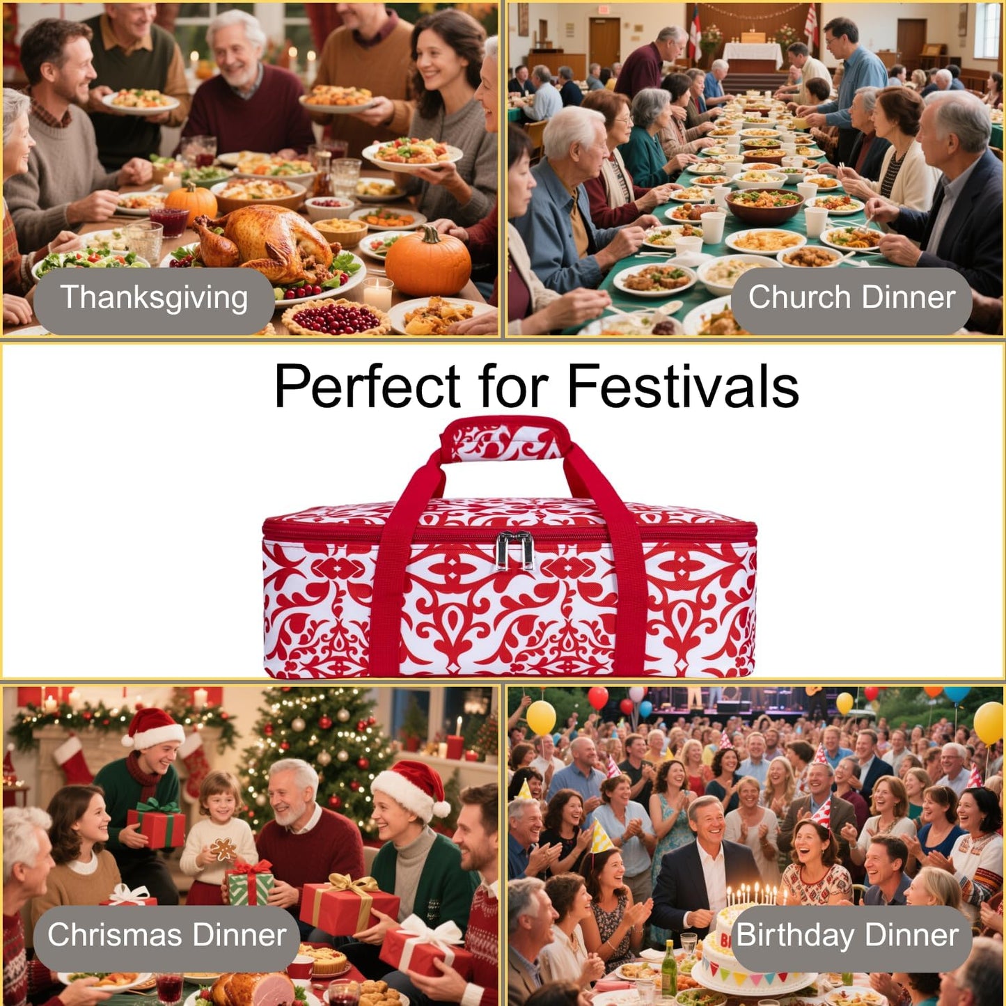 Insulated Casserole Baking Dish Carrier Portable Lunch Tote Bag Fits Up to 9"x13" Pan for Transport to Keep Food Hot/Cold for Gathering/Potluck Parties/Cookouts/Camping/Picnics/Offices-Red/white