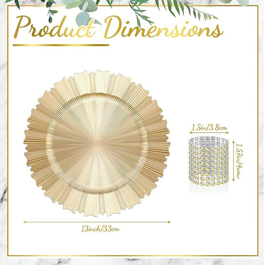 Tanlade 100 Set Light Gold Charger Plates Bulk with Napkin Rings Plastic 13" Plate Charger Fluted Edge Wedding Decoration for Table Wedding Party Event(Gear)