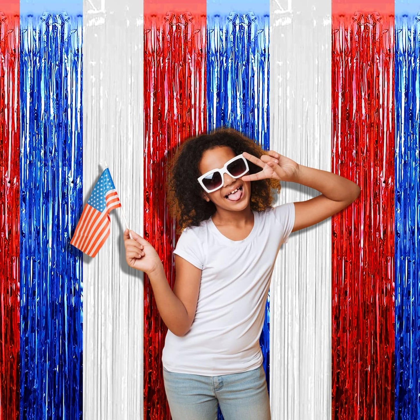 4 Pack 3.2Ft x 6.6Ft Red Blue White Foil Fringe Curtain Backdrop, Metallic Tinsel Foil Fringe Streamers Curtains Background for Photo Booth, Birthday, Wedding, Independence Day Party Decoration