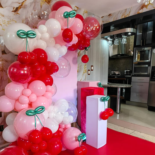 Cherry Balloons Arch Red and Pink Balloons Garland for Girls Birthday Berry Sweet Decorations Summer Fruit Party Coquette Bow Light Pink Red White Clear Latex Balloon Bachelorette Baby Bridal Shower