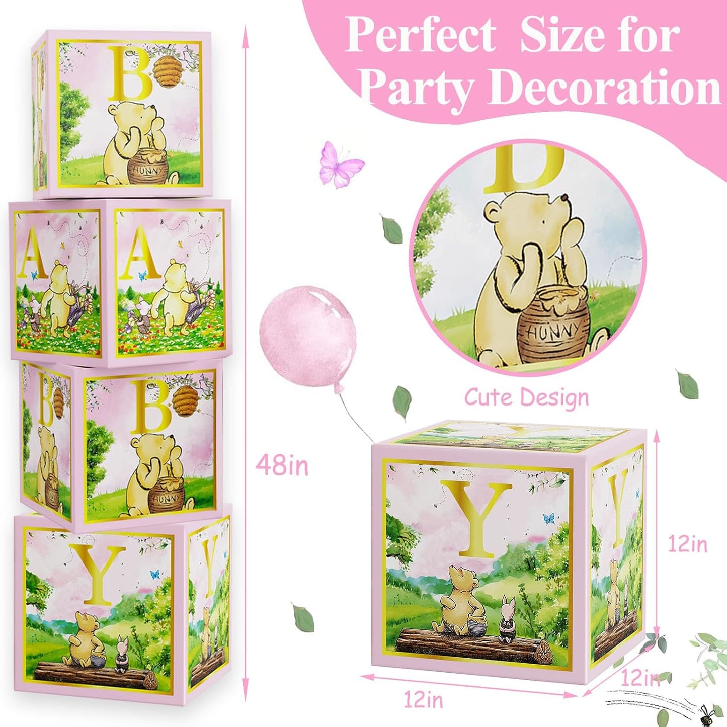 Classic Winnie Baby Shower Boxes Pink for Newborn Baby Girl Boy, Vintage Winnie Bear First 1st Birthday Party Decorations the Pooh Theme Box Block Supplies for Kids Cake Smash Photography Favor Props