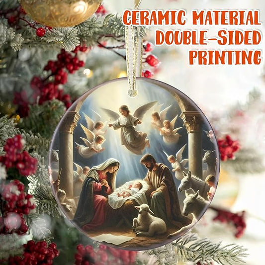 Nativity Christmas Decorations, 3.5 Inch Ceramic Religious Christmas Ornament, Christmas Tree Ornaments, Christian Gifts for Kids, Religious Gifts for Women, Xmas Gifts for Mom, Merry
