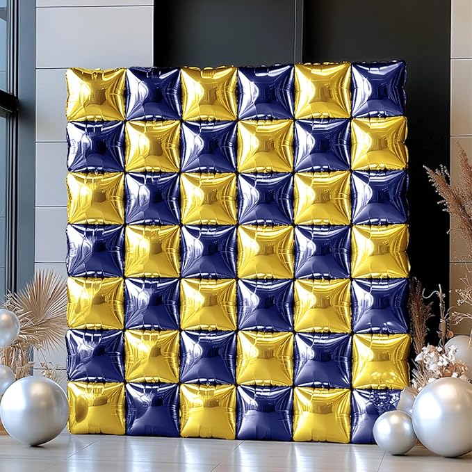 NISOCY 25PCS Blue Gold Square Foil Balloons Wall Backdrop Double Sided Navy Blue Gold Balloons Arch Kit for Birthday Graduation Baby Shower Wedding Anniversary Party Decorations