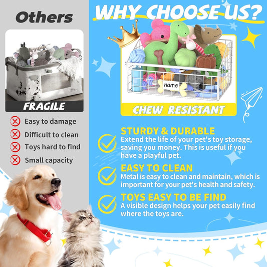 Indestructible Dog Toy basket, Small Toy Box for Dogs, Pet Toy Bin Dog Metal Basket for Toys, Dog Toy Storage, Dog Storage Organizer, Cat Dog Toy Box for Living Room Area (White)