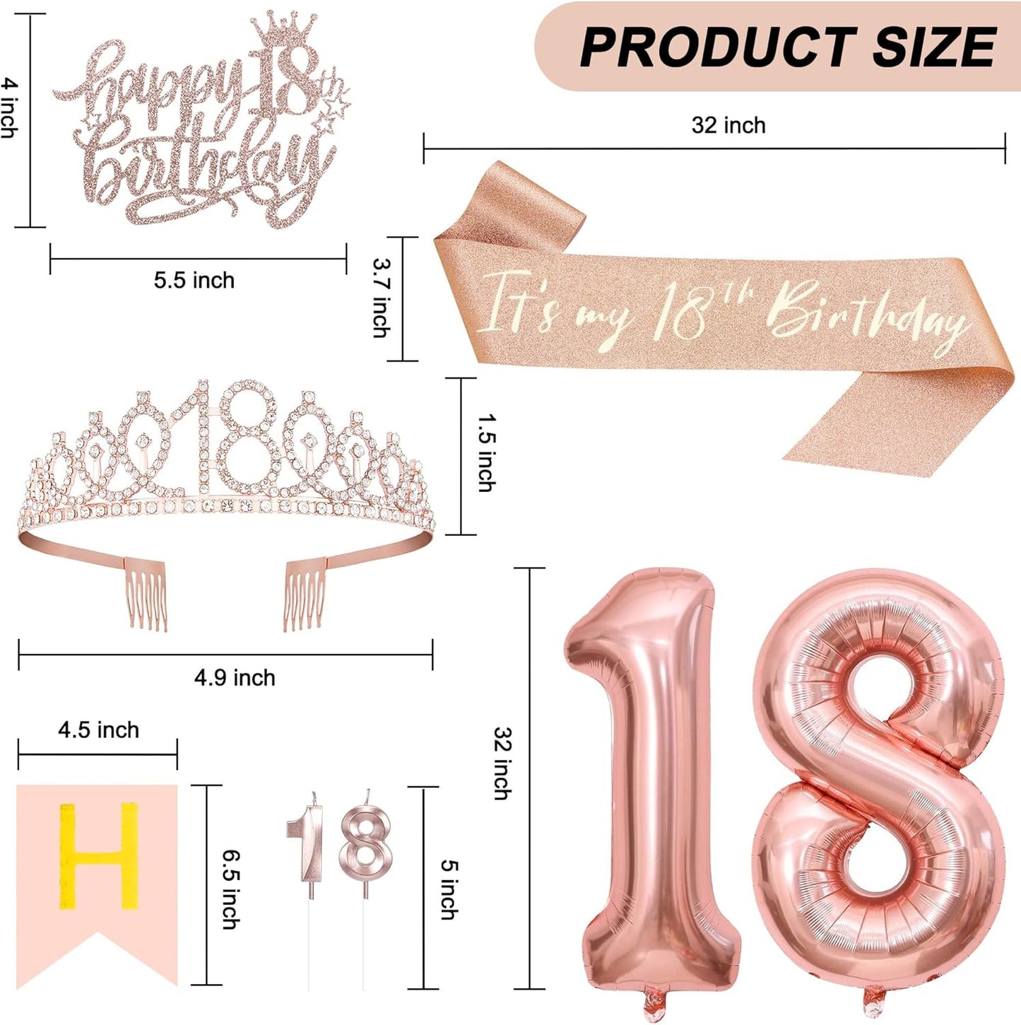 18th Birthday Decorations for Girls, Including 18th Tiara and Sash, Happy Birthday Banner, Cake Toppers, Number Candles and Balloons Set, Rose Gold