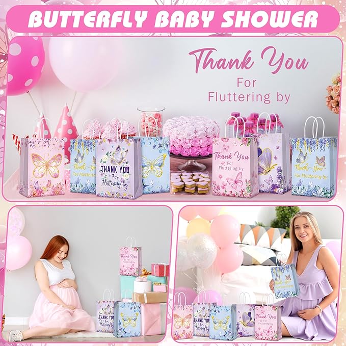 Outus 24 Pcs Butterfly Party Favors Bags Butterfly Goodie Gift Paper Bags with Handles Purple Blue Pink Spring Thank You Candy Treat Tote Pouch for Baby Shower Birthday Party Decoration Supplies